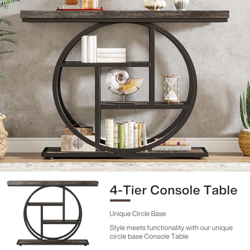 Image of Tribesigns 41.3 inch Console Table, Industrial 4-Tier Sofa Table Entryway Table with Circle Base, Narrow Wood Accent Tables with Storage Shelves for Living Room, Hallway, Foyer, Charcoal Black