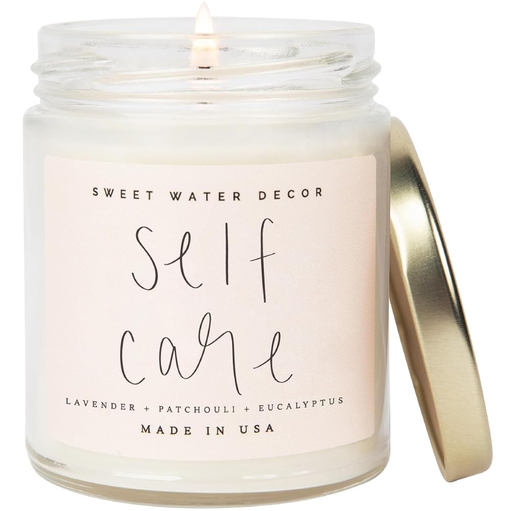 Sweet Water DecorSelf Care Soy Candle - Patchouli Eucalyptus & Lavender Candles for Home - 100% Cotton Wick & Spa Scented Soy Wax Candles with 40 Hour Burn Time - 9oz Clear Jar - Made in the USA