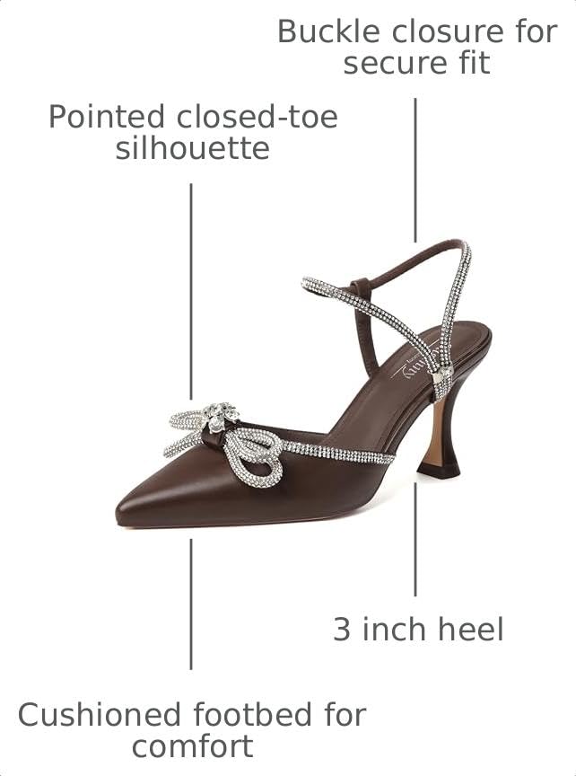 Image of Susanny Women's Closed Toe Rhinstone Wedding Low Heel Slingback Clear Kitten Heels,Adjustable Strap Pointed Toe Bow Pumps High Heeled Prom Dress Shoes