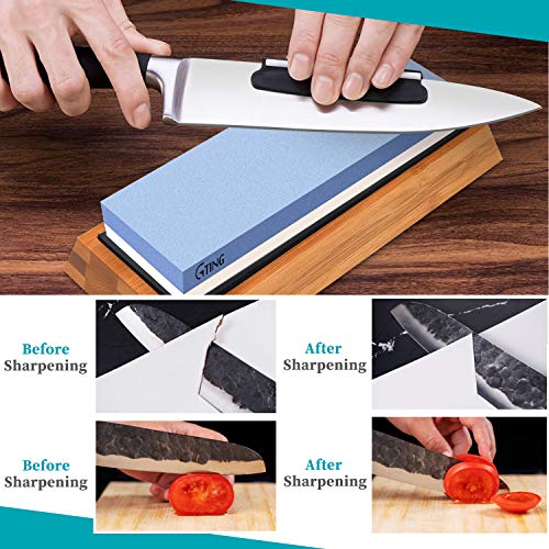 Whetstone Knife Sharpening Stone Set,G-TING 1000/6000 Grit Whetstone Sharpener Includes Non-Slip Angle Guide,Polishing Tool, Bamboo Base for Kitchen,Pocket Knives,Blades,Hunting