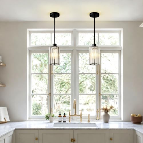 HONIEGG 5.1" Mini Modern Black Crystal Kitchen Island Pendant Lights 2 Pack — view 7