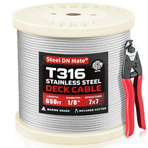 Steel DN Mate 650FT 1/8" Genuine T316 Stainless Steel Cable for Cable Railing Kit, 7x7 Strand Core, 1800 lb Breaking Strength, Marine Grade Aircraft Cable, Corrosion-Resistant, ASTM Certified DW65