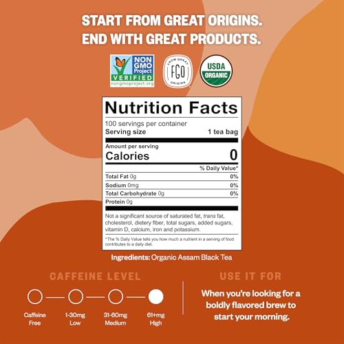 Image of FGO Organic Assam Tea, 100 Count, Eco-Conscious Black Tea Bags, Resealable Bag, Packaging May Vary (Pack of 1)