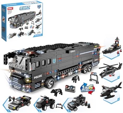 City Police Car Building Block Set, 7 in 1 SWAT Mobile Command Center Truck with Police Car, Helicopter, Boat, STEM Toys for Teens, 1014 PCS