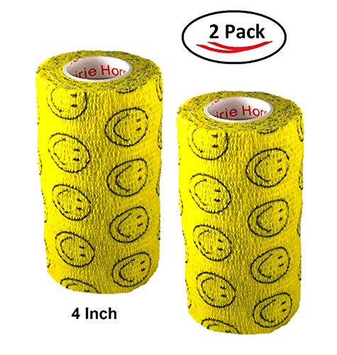 Image of Vet Wrap Wrap Tape (Yellow with Smiles) (2 Pack) (4 Inch x 15 feet) Self Adhesive Adherent Adhering Cohesive Flex Self Stick Bandage Grip Roll Dog Cat Pet Horse