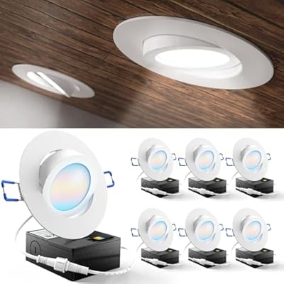Sunco 6 Pack 4 Inch Adjustable Recessed Lighting 4 Inch LED, Angled Directional Eyeball Canless Gimbal, 750 LM, Selectable CCT 2700K/3000K/4000K/5000K/6000K, Dimmable, 8W, with Junction Box ETL