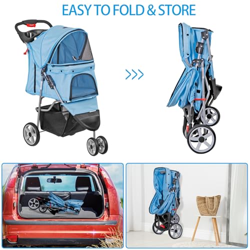 Foldable Pet Stroller for Cats and Dogs 3 Wheels Carrier Strolling Cart with Weather Cover, Storage Basket + Cup Holder (Blue)