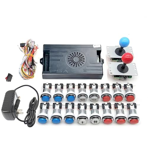 9800 in 1 Arcade Kit Saga Box with Sliver LED Arcade Buttons Mame 5 Pin 8 Way Joystick Arcade DX Kit 4 Players Game for DIY Home Video Game (Red and Blue)