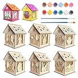 Scinzene 6 Stück Bastelset Ostern Holz Haus Mit 2 Pinseln - 3D Osterdeko zum Bemalen für Jungen & Mädchen - DIY Ostern Basteln Set - Deko Ostern Frühling & Kreative Ostergeschenke Holzdeko