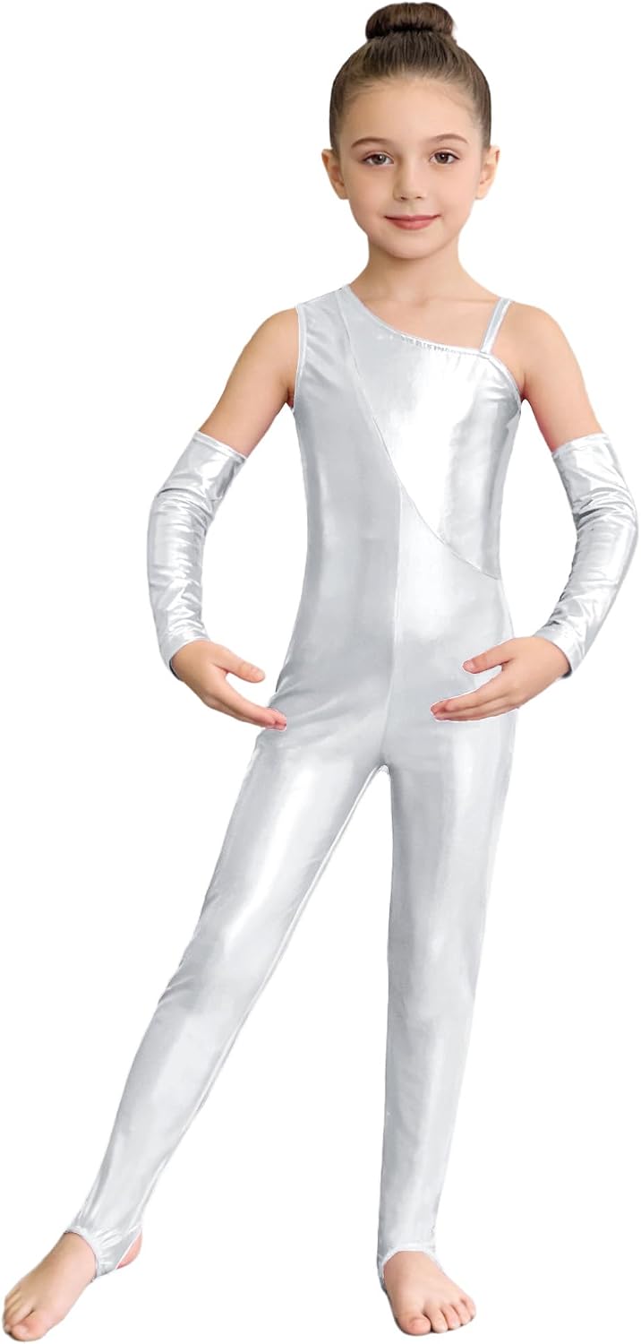 Kids Girls Shiny Metallic Unitard Sleeveless Wet Look Bodysuit One Piece Dance Leotard with Arm Sleeves