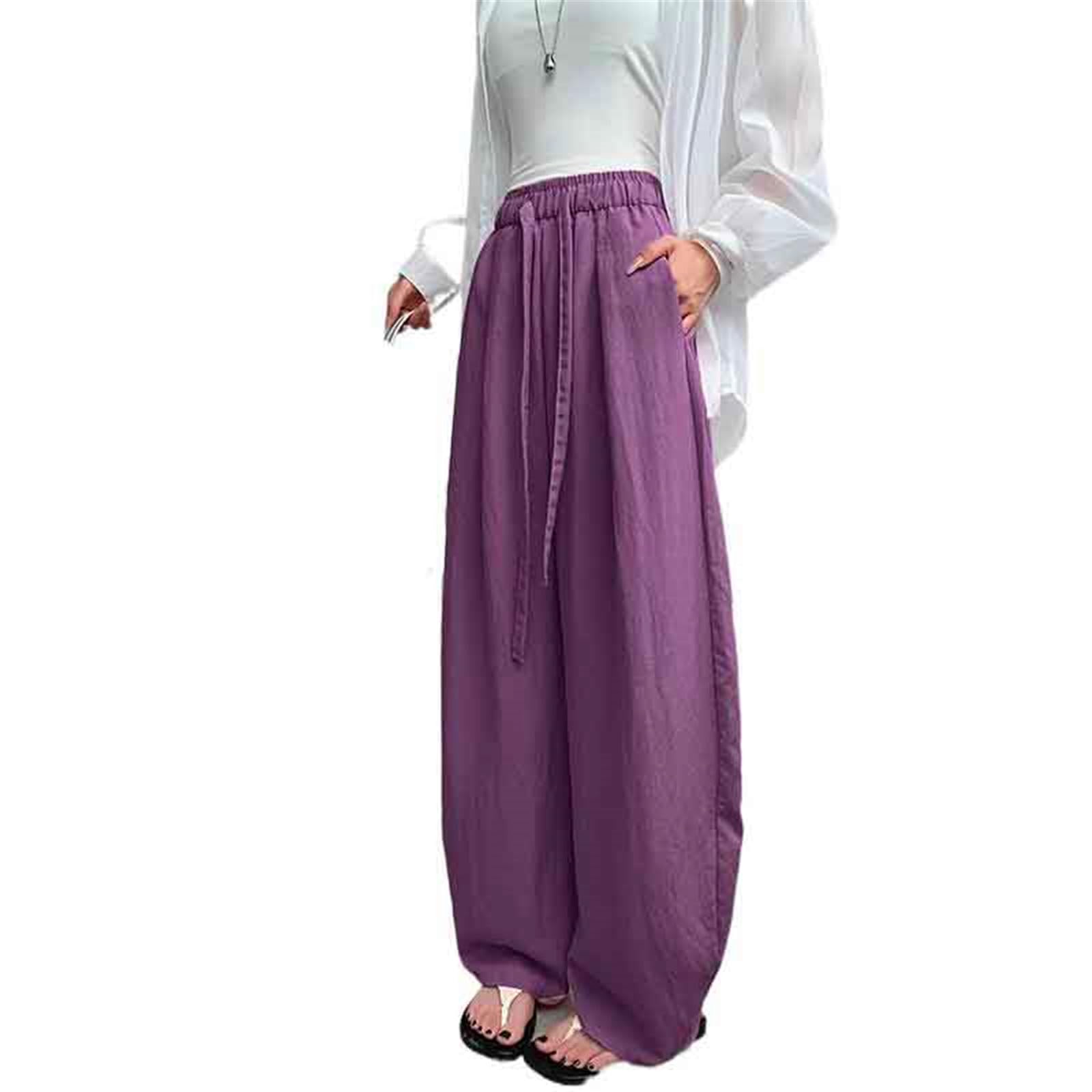 Womens Pants Summer Casual Thin Loose Wide-Leg Trouser for Women-Purple-Small