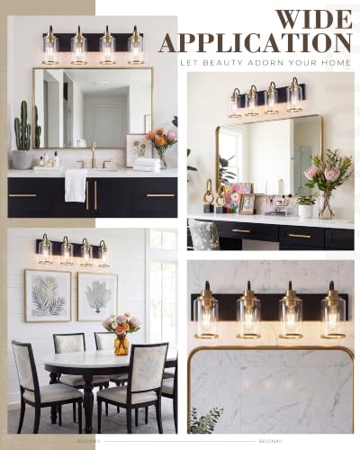Image of Beionxii 4 Light Bathroom Light Fixtures, Blac and Gold Vanity Lights with Clear Glass Shades, Vanity Lights Over Mirror, Wall Sconces for Kitchen Living Room Hallway Cabinet Porch, BX-VL01BKG-4CG