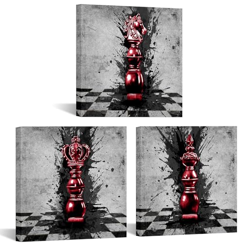 iKNOW FOTO Black and Red Abstract Chess Canvas Wall Art - 3 Piece King and Knight Game Pictures Decor, 12x12 Inch Stretched Paintings for Bedroom and Living Room