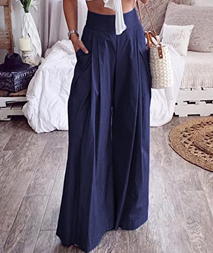 SOMTHRON Women's Casual High Waist Wide Leg Long Palazzo Pants Flared Flowy Loose Fit Work Office Trousers4