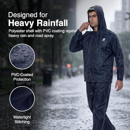 Image of Amazon Brand - Symactive Raincoat with Jacket, Pants, Hood and Carry Bag | Polyester Shell with Heat Sealed PVC Lining | Inner Mobile Pocket | Plastic Peak Hood | Unisex, Blue, S