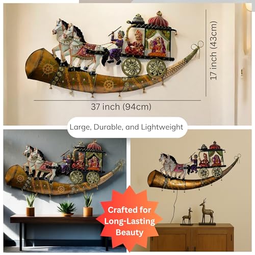 Traditional Indian Wall Decor – Iron Chariot with Horses & Royal Figures – Decorative Wall Hanging with Built-In Warm LEDs, Ethnic Metal Home Decor for Living Room, Diwali, Housewarming — photo — 6 of 9