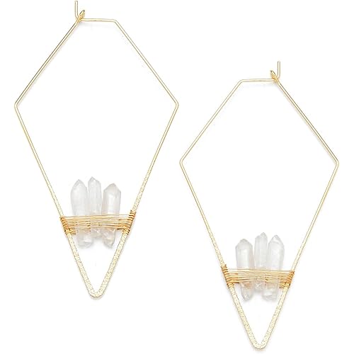 Gold Hoop Earrings for Women Geometric Rectangles Raw Quartz Crystals Dangle Earrings for Girls Gold Rhombus Minimalistic Jewelry Cooper Wire Threader Drop Earring