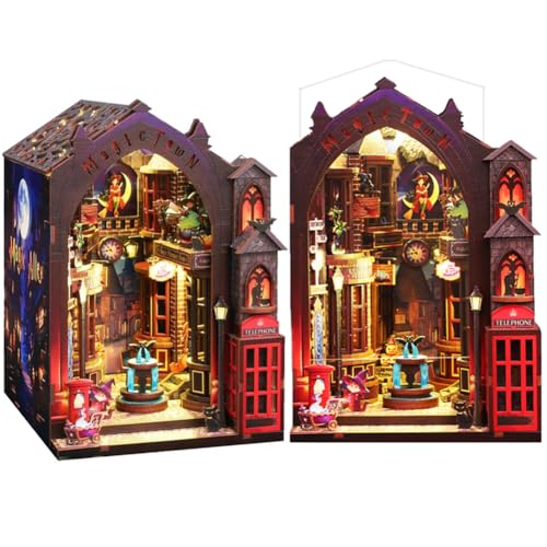 DIY Library Set 3D HolzPuzzle Casa de Muñecas Estantería con Cubierta antipolvo Decoración con LED DIY Sujetalibros Casa de Muñecas Artesanía Hobbies Regalos