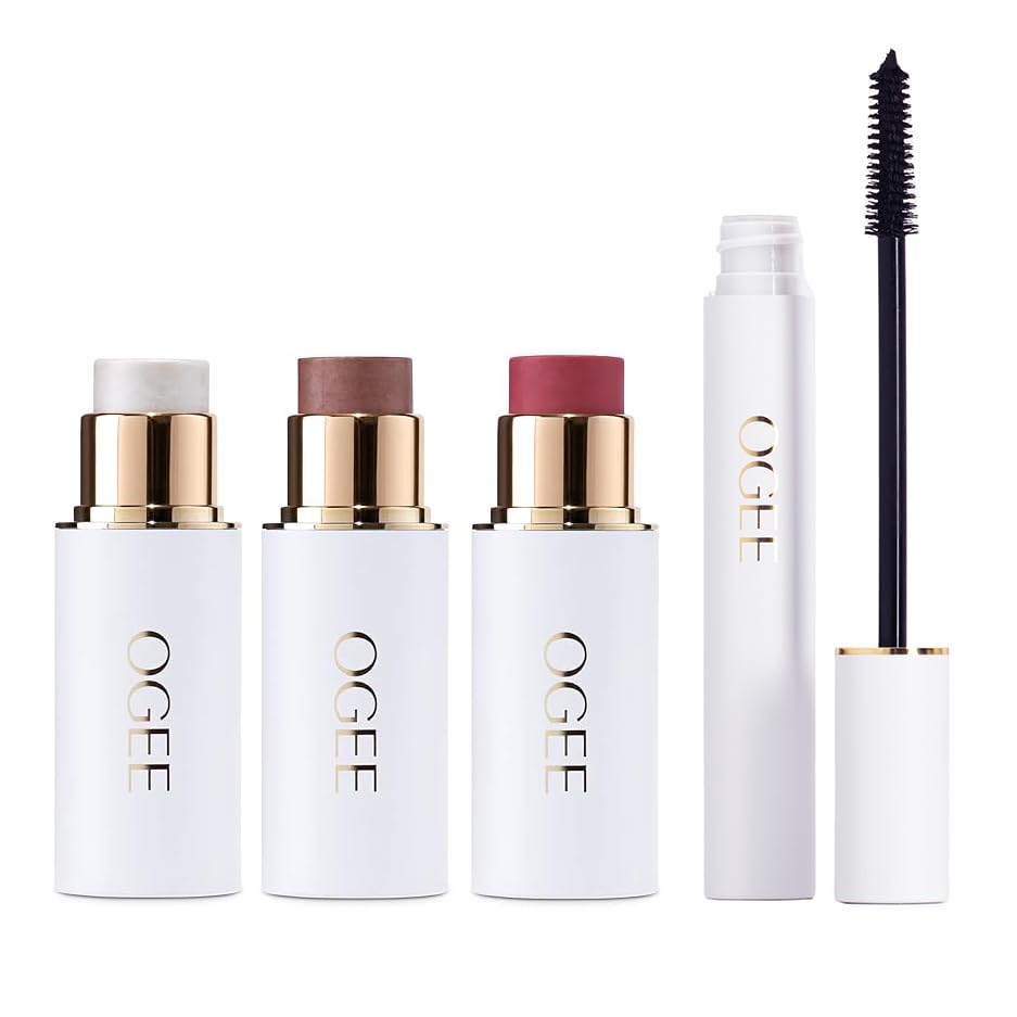 Ogee Volumizing Mascara & Face Stick Trio Bundle - Organic Black Mascara with Contour Makeup Collection