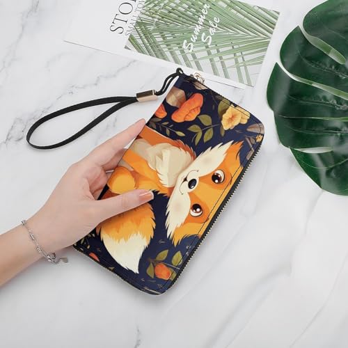 Cute Animal Fox Flower Wristlet Long Wallet Womens Purse Zip Clutch Large Capacity Leather Purse Credit Coin Purse4
