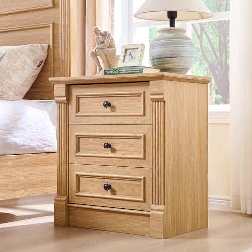 Image of Aitjunz 26 inch Tall Nightstand with Charging Station, Farmhouse 23.6 inch Wide Large End Table w /Roman Column, Wood Rustic Side Table w /Metal Handle, 3 Drawers Dresser for Bedroom, Living Room, Natrual