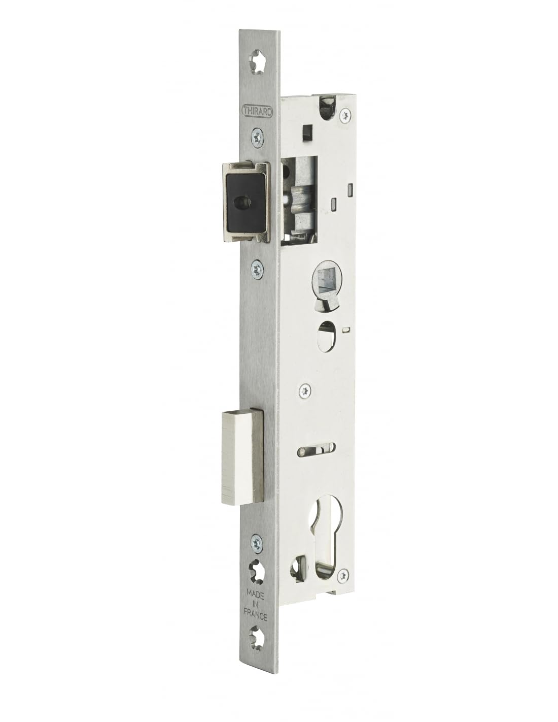 THIRARD - Boîtier de Serrure à Cylindre pour Porte d'Entrée - Axe 26 mm - Entr'Axe 92 mm - Bouts Carrés - Têtière Inox - Pêne Acier Nickelé - Sécurité Optimale - Installation Facile - Gris
