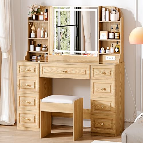 Arulvmrn 43 Makeup Vanity Desk with Mirror and Lights & Power Outl Glass Top Big Vanity Table with 9 Drawers& 8 Storage Shelves Dressing Table Set with Chair for Bedroom Wood
