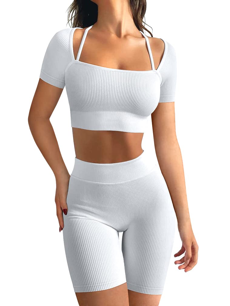 OQQ Workout Outfits for Women 2 Piece Ribbed Seamless Strap Detail Crop Top High Waist Shorts Exercise Set