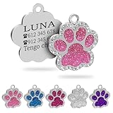 ibera gifts - Chapa Perro Grabada en Forma de Pata con Perdería y Purpurina, Placa Perro Personalizada para Perros y Gatos Pequeños y Medianos, Chapa Identificativa Perro y Gato (Rosa)