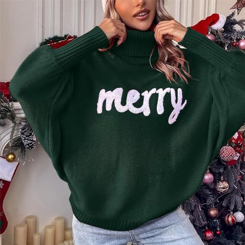 iTranyee Women Ugly Christmas Oversized Turtleneck Pullover Sweater Cute Merry Print Batwing Sleeve Loose Jumper Fall Outfits3
