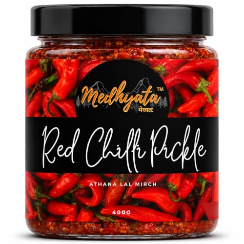 Image of Medhyata Marwari Athana Mirichi Red Chilli Pickle, 400gm | Without oil Traditional Rajasthani long Lal Mirchi Achar | Tangy and Spicy | Homemade Jar Pack