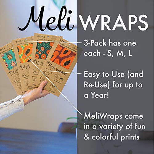 Meli Wraps Beeswax Wraps - Reusable Food Wrap Alternative to Plastic Wrap. Certified Organic Cotton, Made with Hawaiian Beeswax. 3-Pack includes sizes (SML) in Beautiful Original Prints