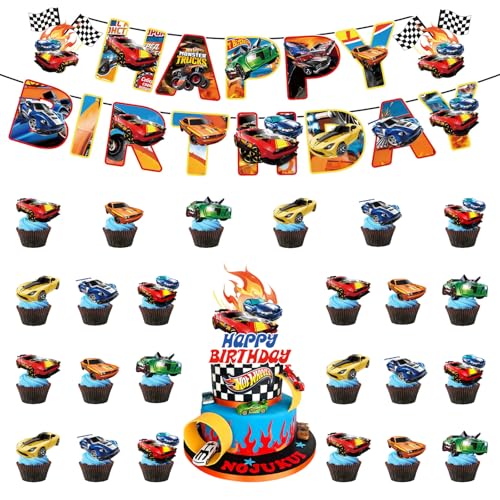26 Piezas Coches de Carreras Cumpleaños, Decoraciones para Tartas de Cumpleaños de Hot Wheels, Car Pancartas Cumpleaños, Decoracion Suministros de Fiesta Cumpleaños para Niños