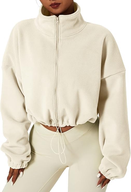 Women's Full Zip Fleece Short Jacket - Warm Winter Long Sleeve, Sherpa Crop Coat Workout Jacket - Winter Clothing