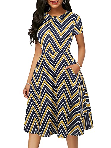 Image of oxiuly Women Casual Dress Round Neck Soft Cotton Floral A-Line Midi Summer Dresses with Pockets OX262