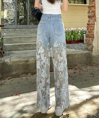 xxxiticat Women's Lace Denim Pants High Waisted Hollow Out Asymmetric Floral Patchwork Ripped Straight Leg Jeans Trouser4