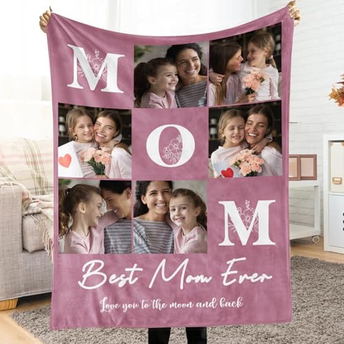 Pinkfulum Mothers Day Personalized Gifts for Mom Custom Blanket with Picture Text Customized Photo Throw Blankets Birthday Gifts for Mom Grandma Wife from Daughter Son Husband