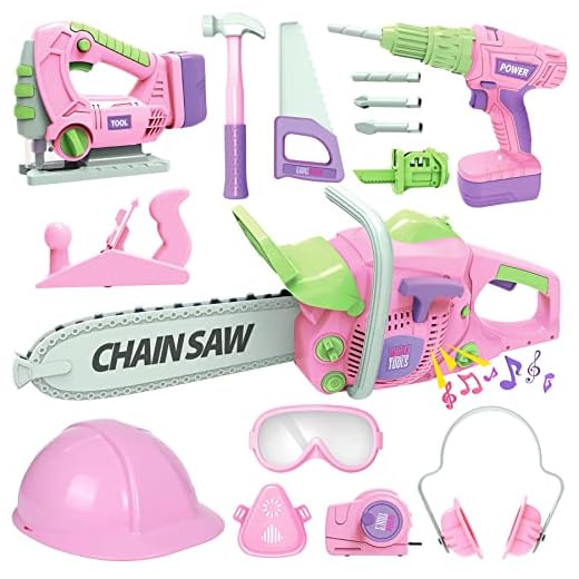 Kids Tool Set for Girls - Toddler Tool Set with Toy Chainsaw, Electric Toy Drill, Pretend Play Construction Tools Toy Gifts for Kids Aged 3 4 5 6 7 Pink
