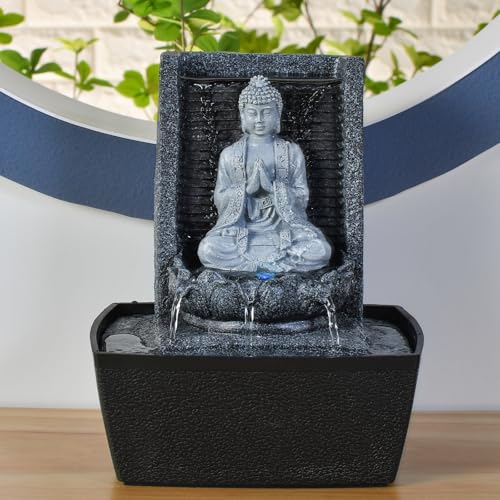Zen'Light - Zimmerbrunnen Nirvana - Wasserfall mit Buddha & Weißer LED-Beleuchtung - Moderne Zen Deko, Ideal für Meditation & Entspannung - Feng Shui - H 26cm, Grau