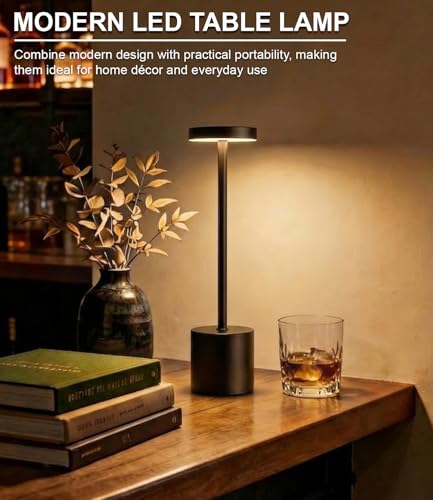 Image of Swinerton Black Cordless Table Lamp, Rechargeable 5000mAh Battery Powered Wireless Table Light, 3 Color Dimmable Lighting, Patio Outdoor Table Lamp, Bedside Night Lamp, Ambient Light for Dining