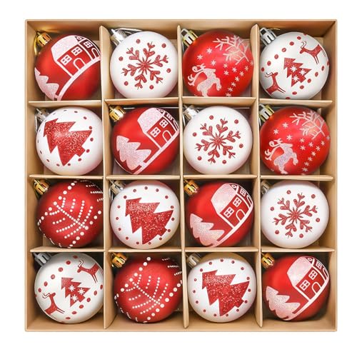 ZOOI Weihnachtskugeln Kunststoff Set Rot Weiß, 16 Stücke 6CM...