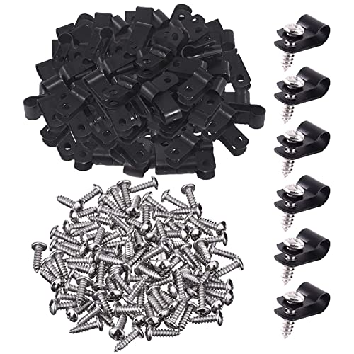 GTIWUNG 100 Piezas 1/8 Pulgada Clip de Cable de Tipo R Abrazadera de Alambre, Sujetador de Cables de Nailon con Tornillos, Clip de Fijación de Cuerda de Montaje para Organización de Alambre, Negro