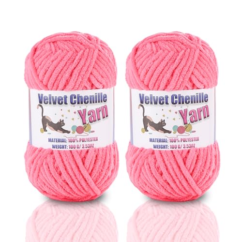 2 * 100g/3.5oz Fluffy Chenille Yarn for Crocheting Chunky Velvet Yarn for Crochet Amigurumi Used for Making Baby Yarns Blanket Clothes Pattern Knitting Creations (Dark Pink-2)