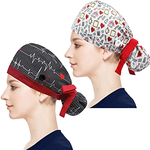 Foamee 2 Packs Working Caps Women with Buttons & Sweatband, Hair Covers Bouffant Working Hats Women Long Hair Ponytail Cap, Chef Hats Ribbon Tie Back Caps for Women & Men, Adjustable Shower Caps H