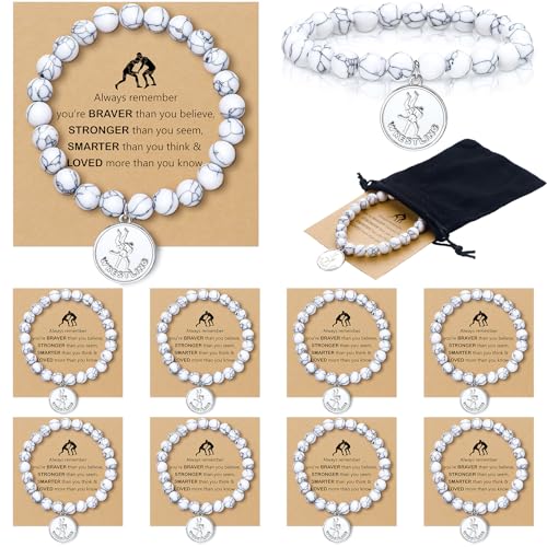 Quelay Wrestling Gifts for Women Wrestling Bracelet Black White Lava Stone Beaded & Inspirational Card for Sport Lovers(8)