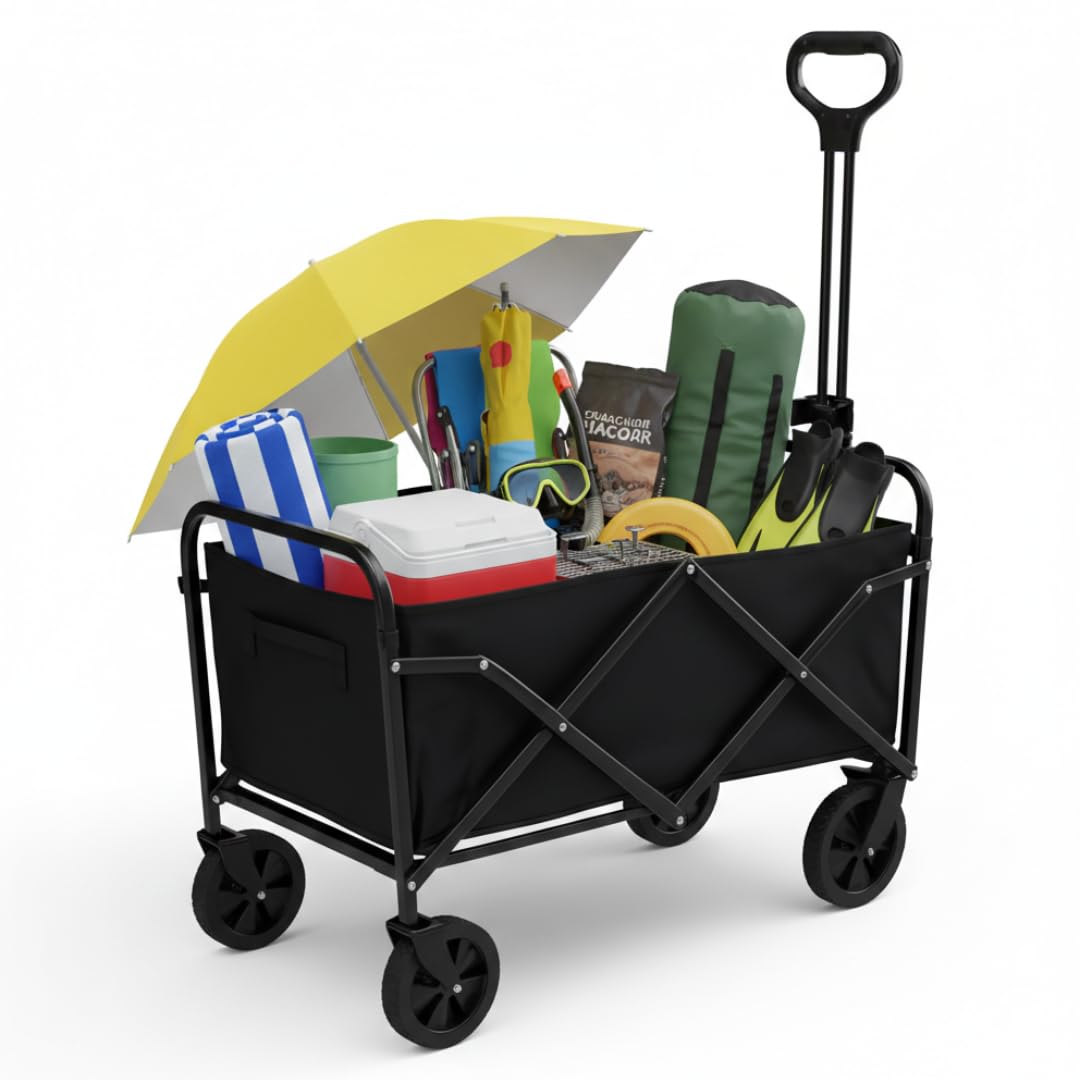 STARLYF Carrello Pieghevole Multiuso ad Alta Resistenza (Fino a 100 kg) – Carretto da Giardino con Ruote a 360° e Manico Telescopico – Design Compatto per Campeggio, Spiaggia e Spesa