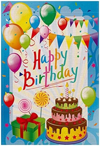 Happy Birthday House Flag Yard Signs for Birthday Party Celebration, Cake Balloons Large Garden Flag for Outdoor Decoration Flags 28 x 40”, Burlap Double Sided Readable Lawn Signs Birthday Banner