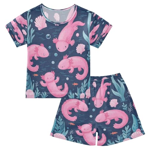 Pajama Sets Short Sleeve Cute Four Axolotl Pattern Soft Cotton Summer Sleepwear 2 Piece PJS Size 5-14T