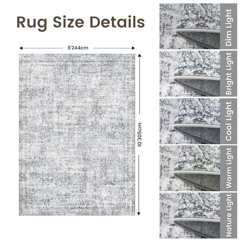Rugland 8x10 Area Rugs - Stain Resistant Washable Rug, Anti Slip Rugs for Living Room, Vintage Tribal Area Rugs(Vintage01-Distressed Grey, 8'x10')
