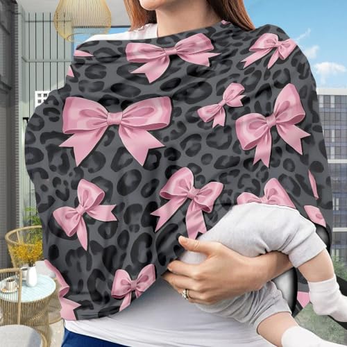 Image of Leopard Print Baby Car Seat Canopy, Bow Nursing Breastfeeding Cover